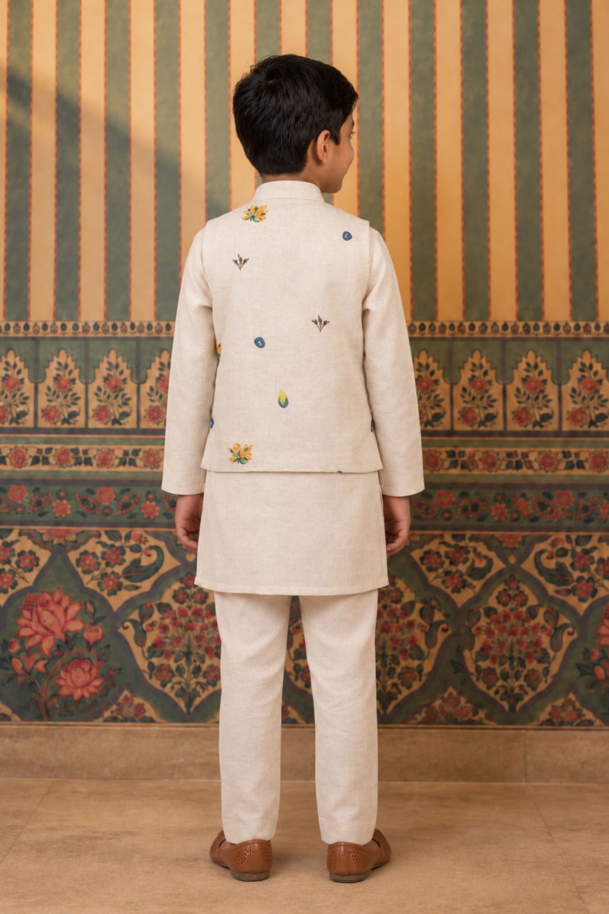 Ivory Kurta Pyjama Set with Floral Printed Nehru Jacket For Boys