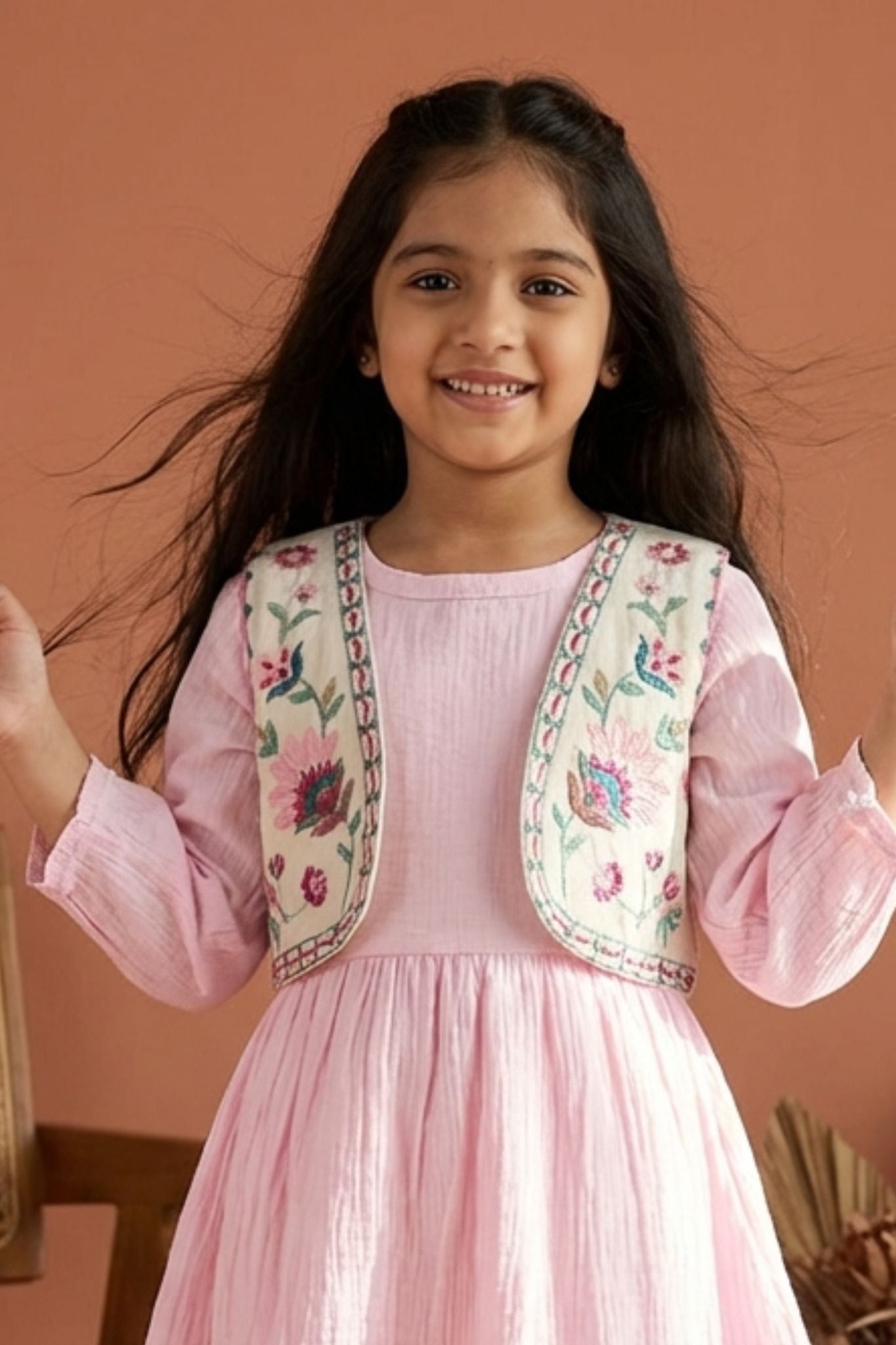 Casual Blush Pink Cotton Dress with Embroidered Jacket for Girls