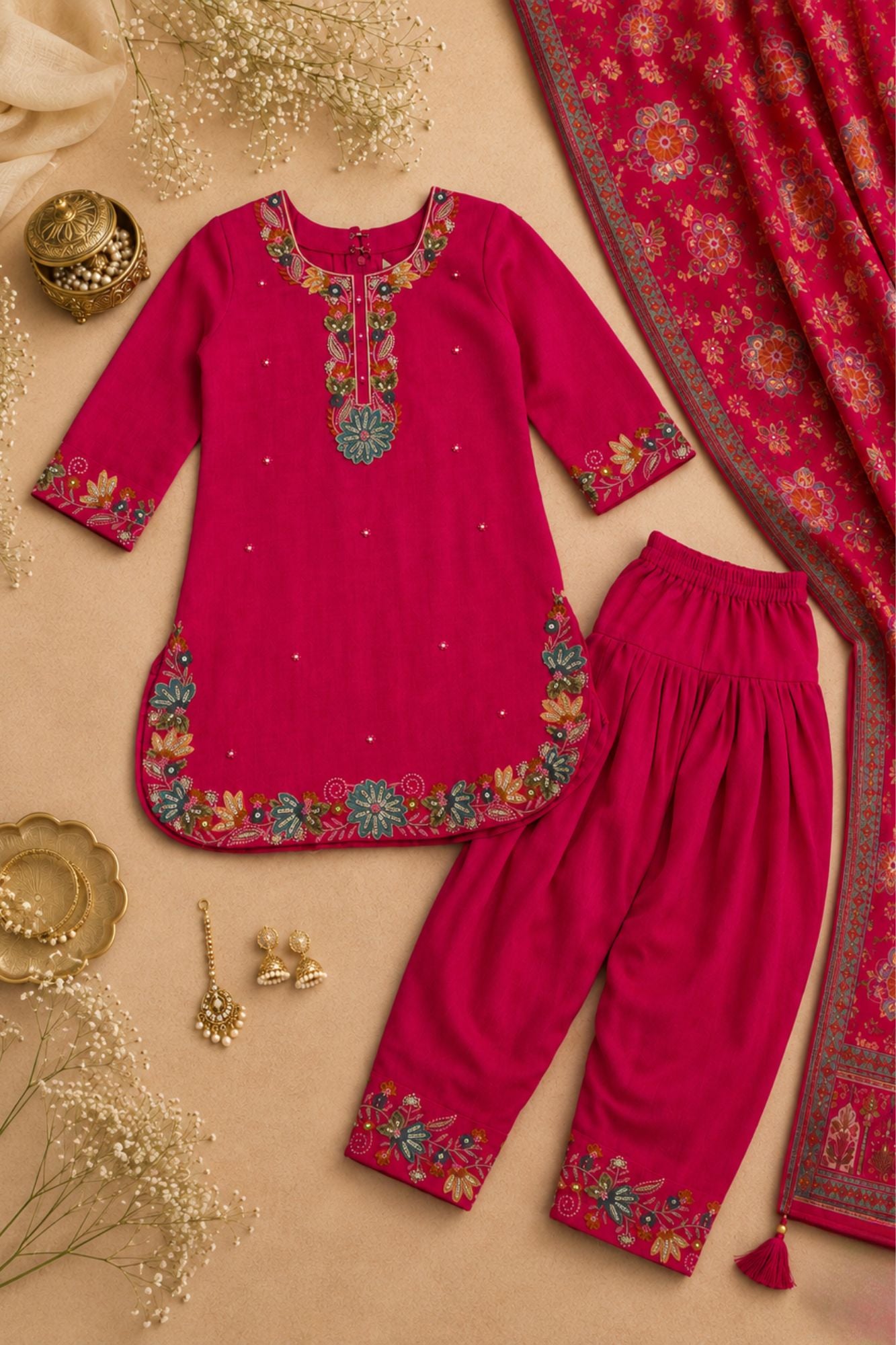 Rani Pink Delicate Floral Embroidered Patiala Set with Dupatta