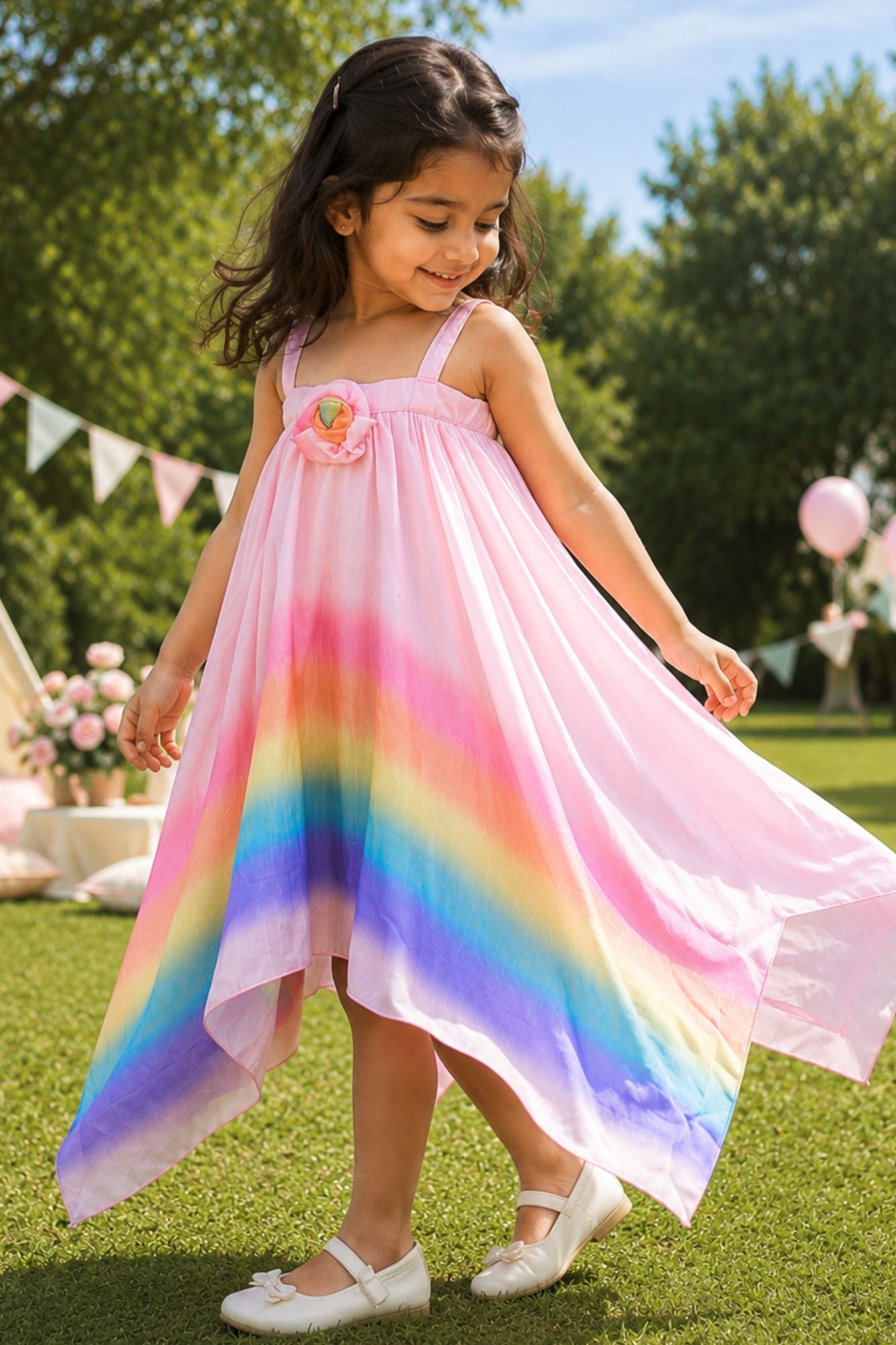 Girls Pink Rainbow Ombre Party Wear Dress