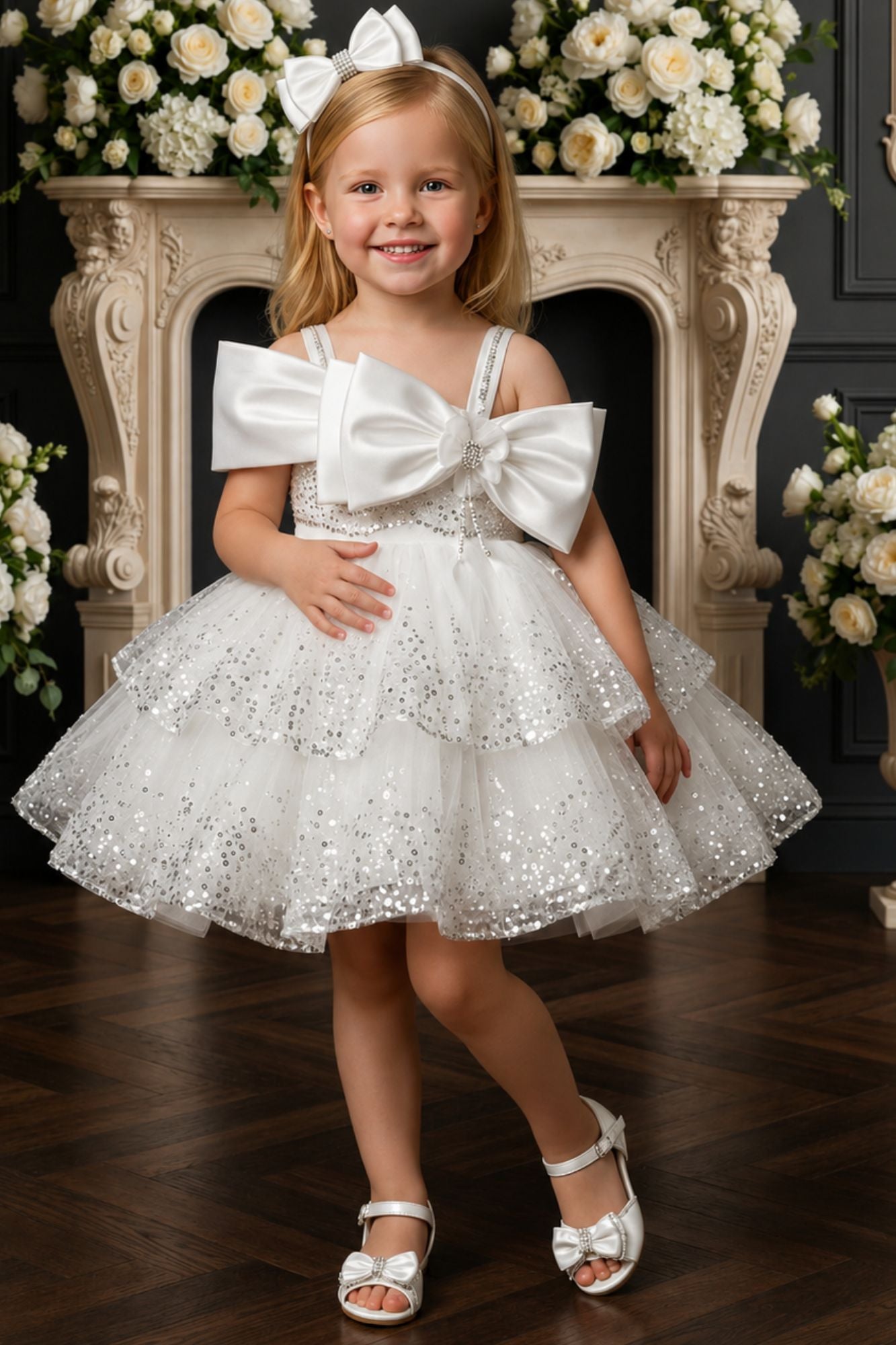 Girls White Sequin Bow Party Wear Frock