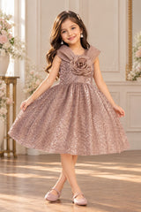 Girls Fawn Party Wear Frock with 3D Floral Bow And Sequin Detailing
