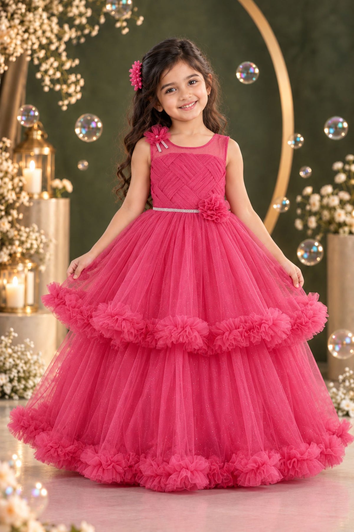 Rani Pink Layered Net Party Gown with Floral Ruffle Hem For Girls