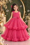 Rani Pink Layered Net Party Gown with Floral Ruffle Hem For Girls