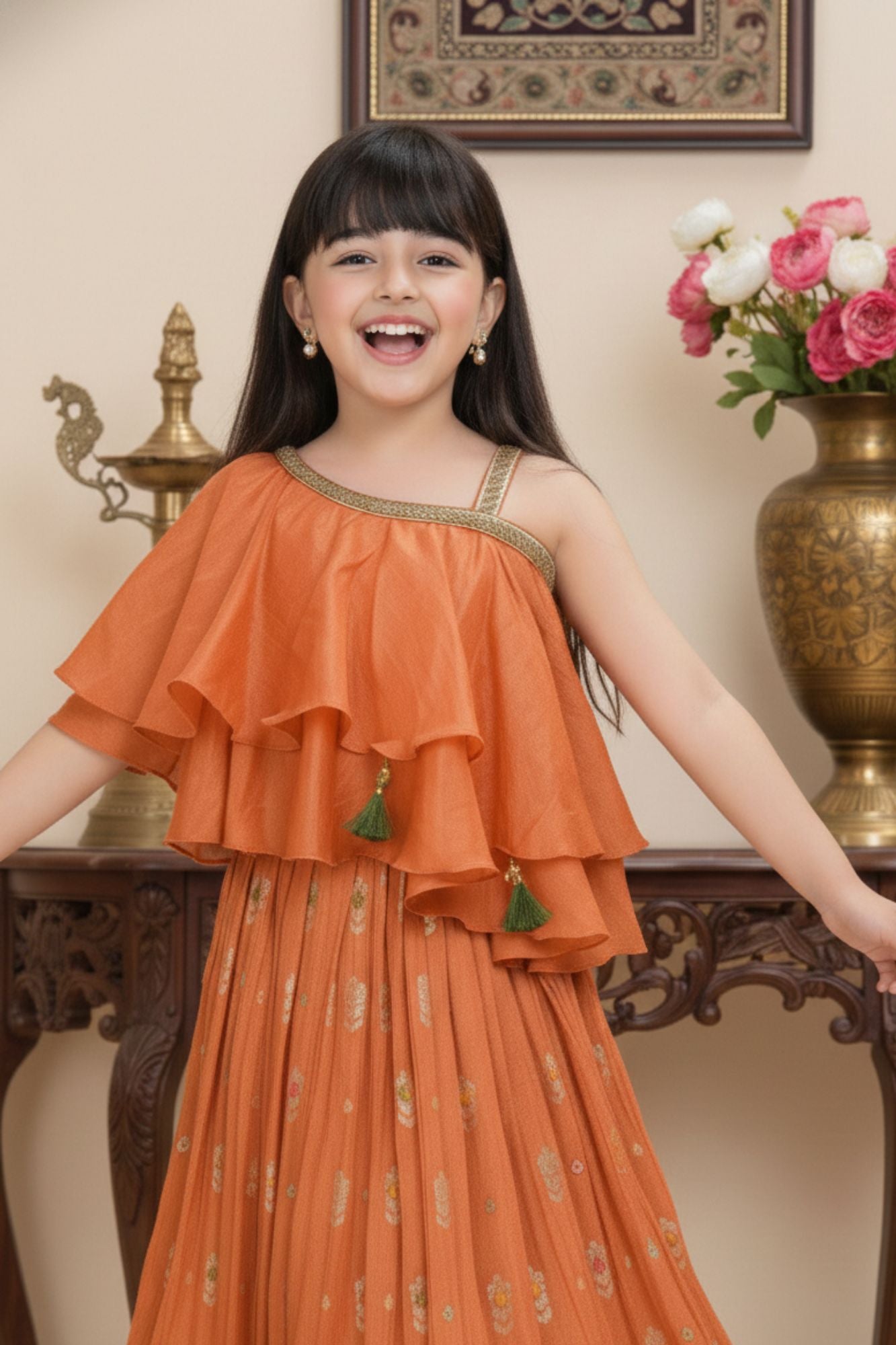 Orange One-Shoulder Ruffled Lehenga Set with Gold Foil Motifs For Girls