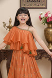 Orange One-Shoulder Ruffled Lehenga Set with Gold Foil Motifs For Girls