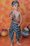 Navy Blue Krishna Janmashtami Dhoti Set with Leheriya Print Angavastram for Boys