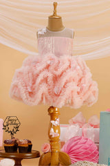 Pink Ruffled And Sequin Frock With Overcoat For Girls