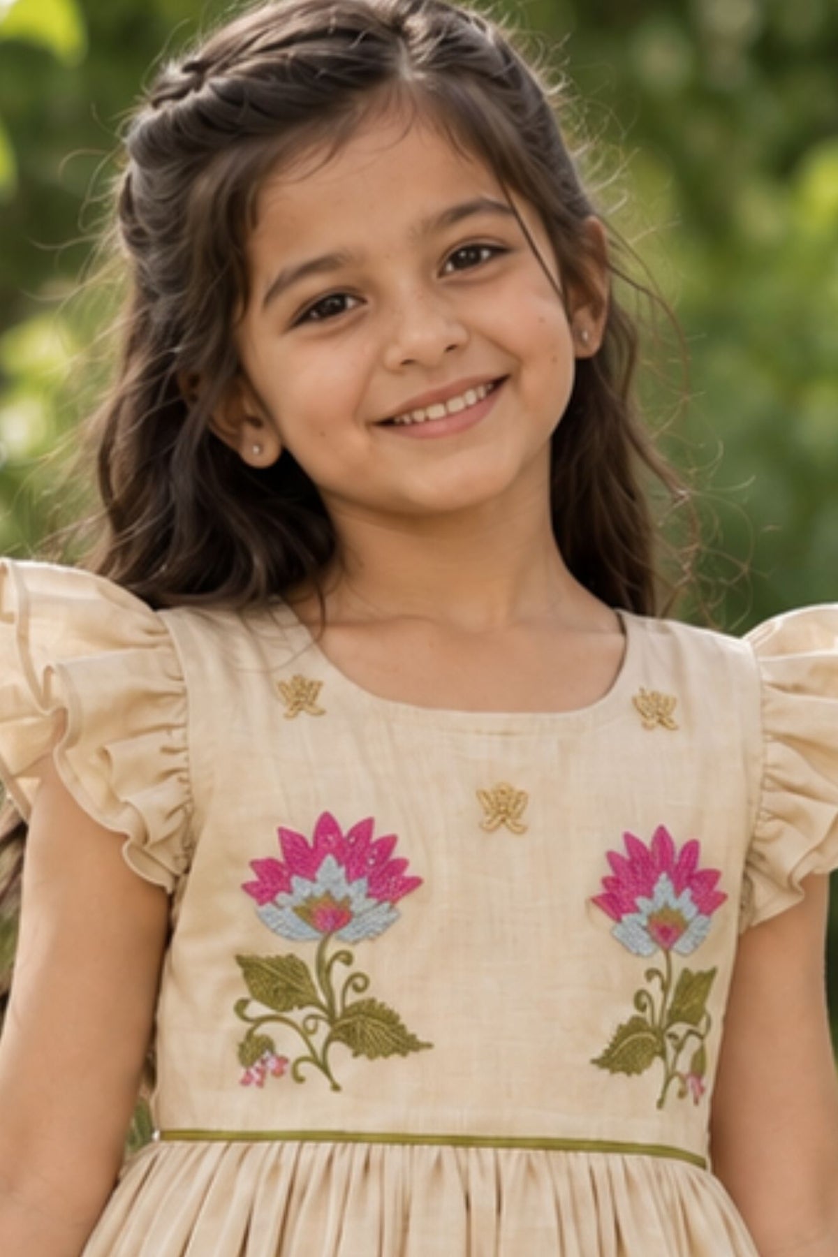 Girls Fawn Floral Embroidered Ruffle Sleeve Flared Dress