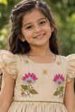 Girls Fawn Floral Embroidered Ruffle Sleeve Flared Dress