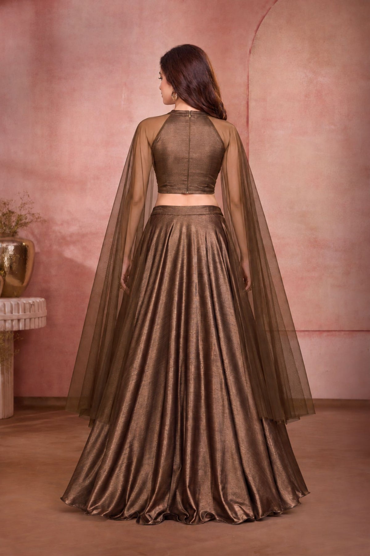 Girls Elegant Bronze Brown Sequin Embroidered Lehenga Choli Set with Cape