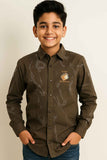 Olive Green Printed Shirt With "Stay Original" Tiger Graphic For Boys