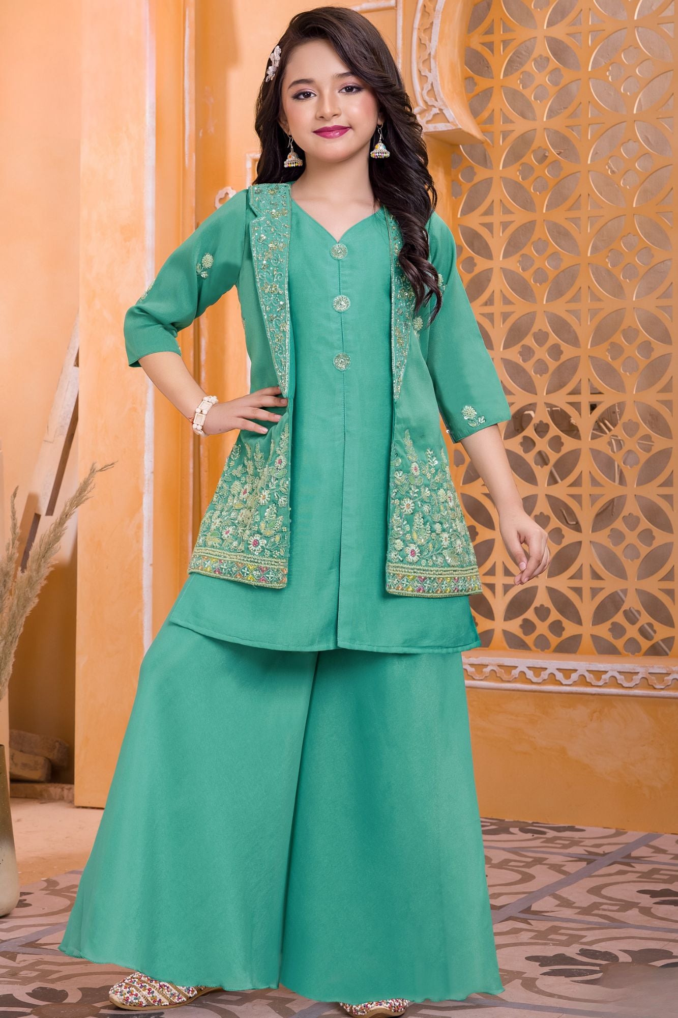 Girls Sea Green Embroidered Kurti Palazzo Set with Jacket