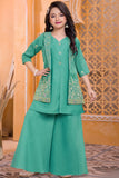 Girls Sea Green Embroidered Kurti Palazzo Set with Jacket