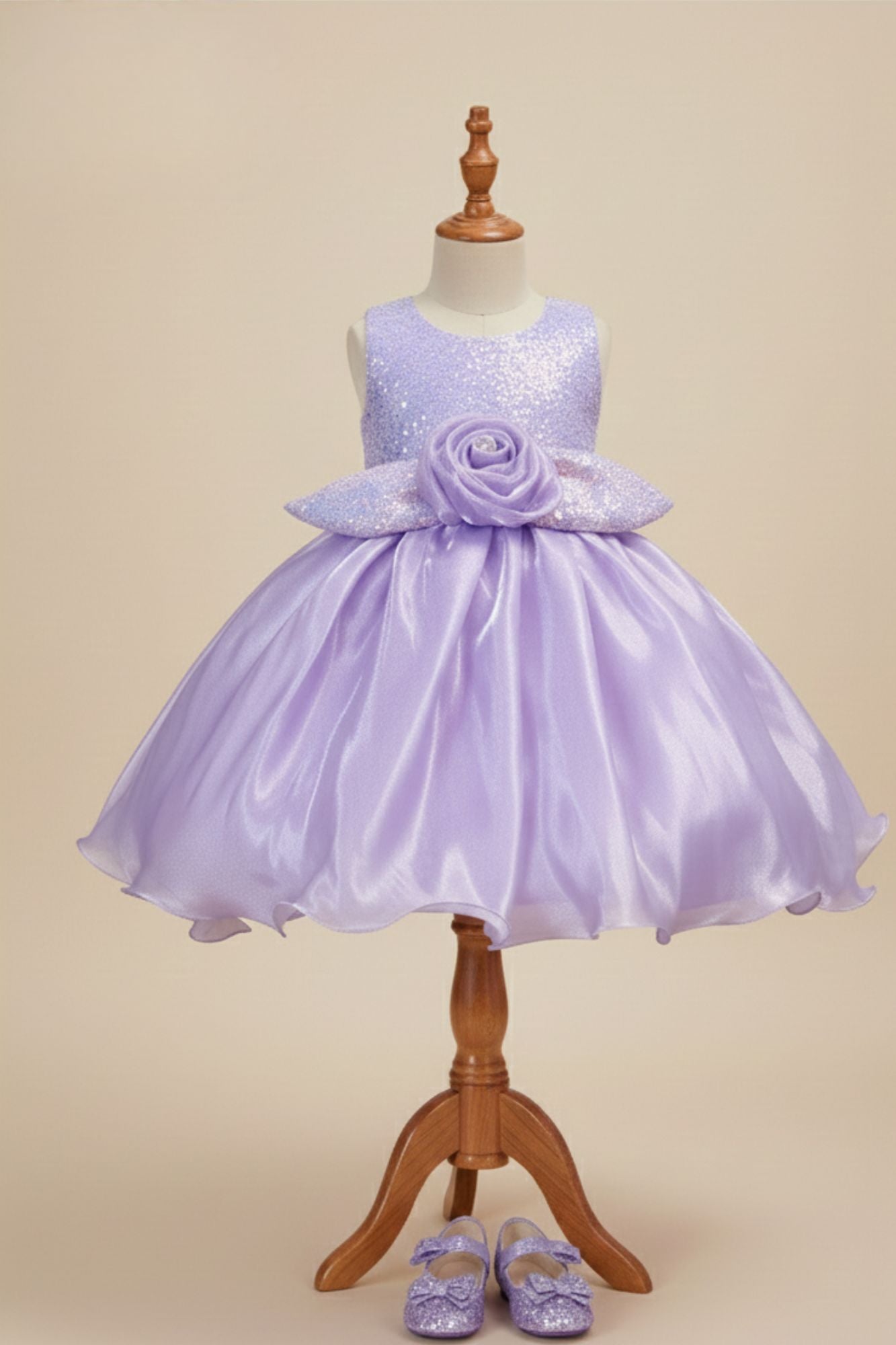 Lavender Shimmer Party Wear Frock with 3D Floral Appliqué For Girls