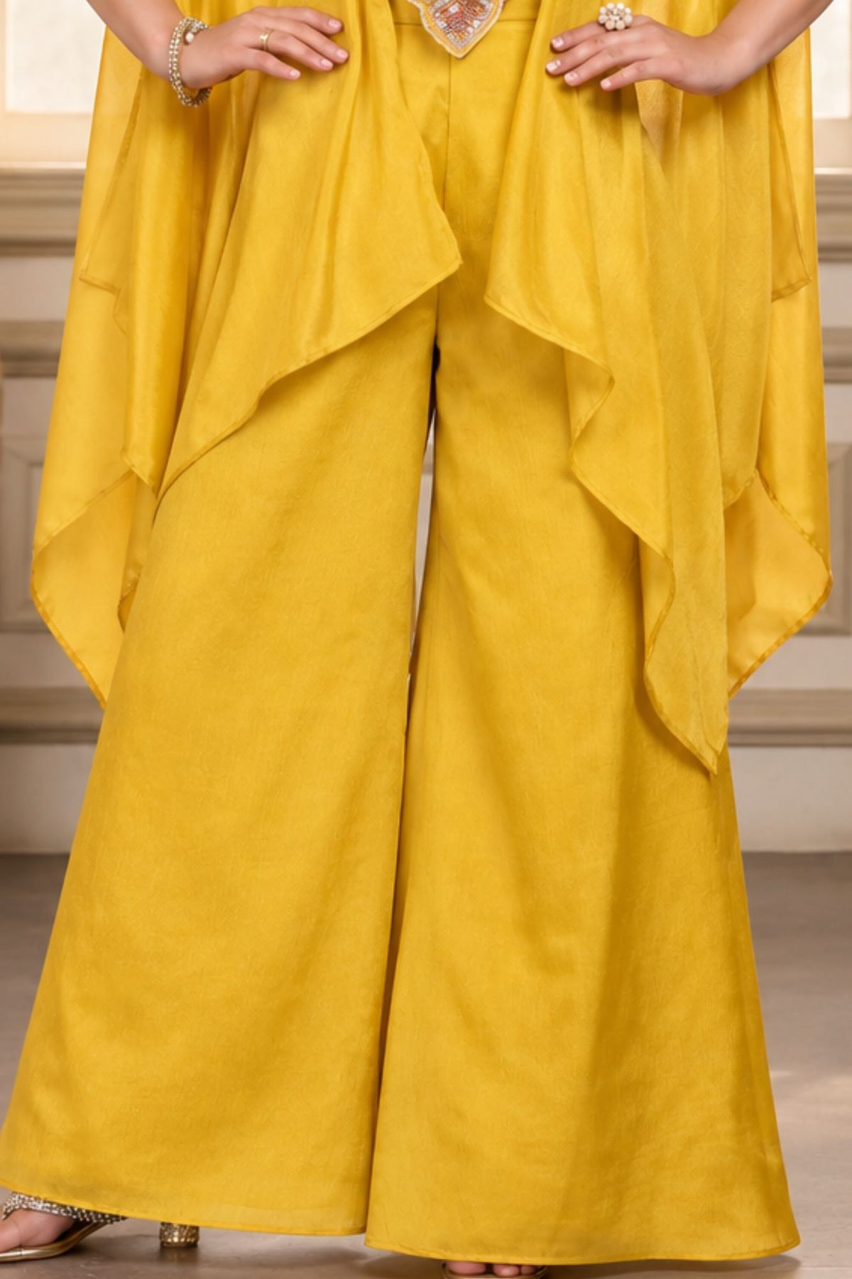 Mustard Yellow Multicolour Embroidered Cape Style Top With Wide-Leg Palazzo Set