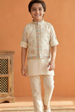 Cream Embroidered Kurta Set with Nehru Jacket For Boys