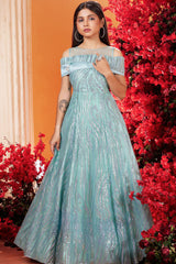 Girls Mint Green Shimmer Net Party Wear Gown With Cold Shoulder Neckline