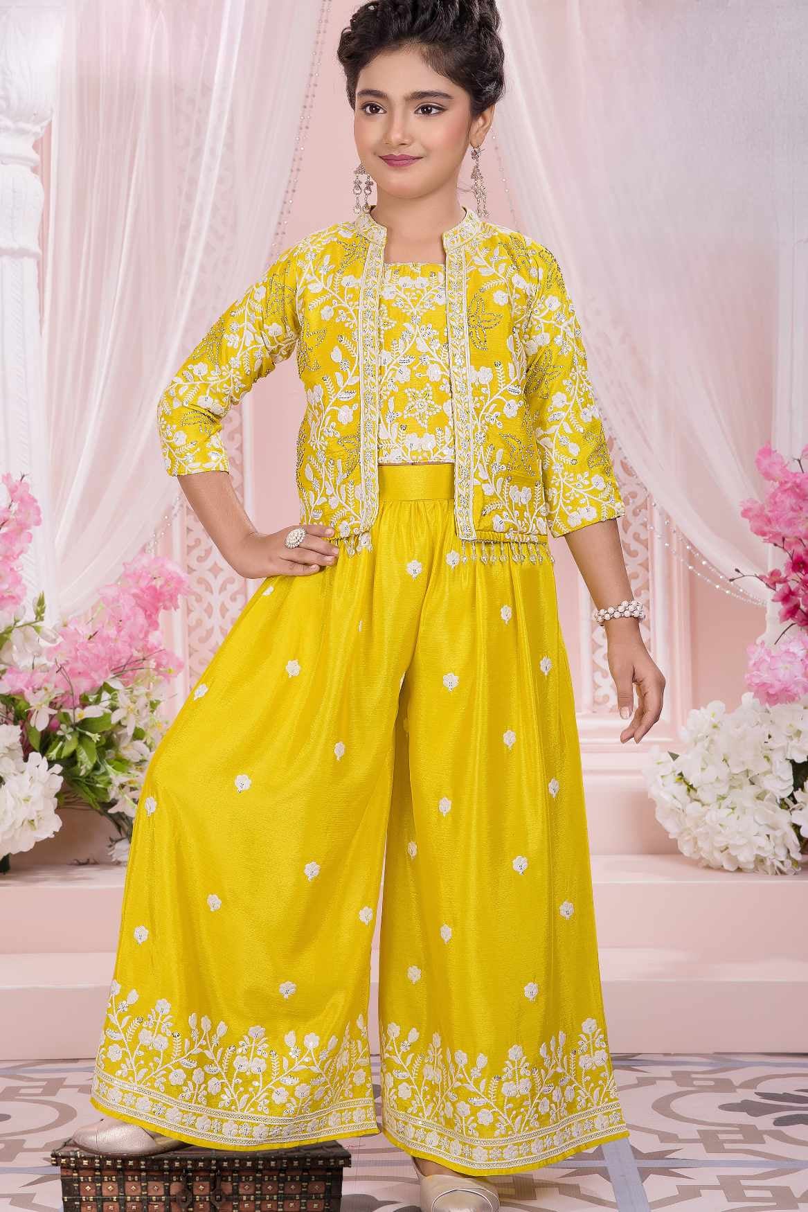 Sunshine Yellow Embroidered Jacket Palazzo Set For Girls