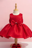 Ruby Red Party Frock with Pleated Bodice and Bow Belt For Girls