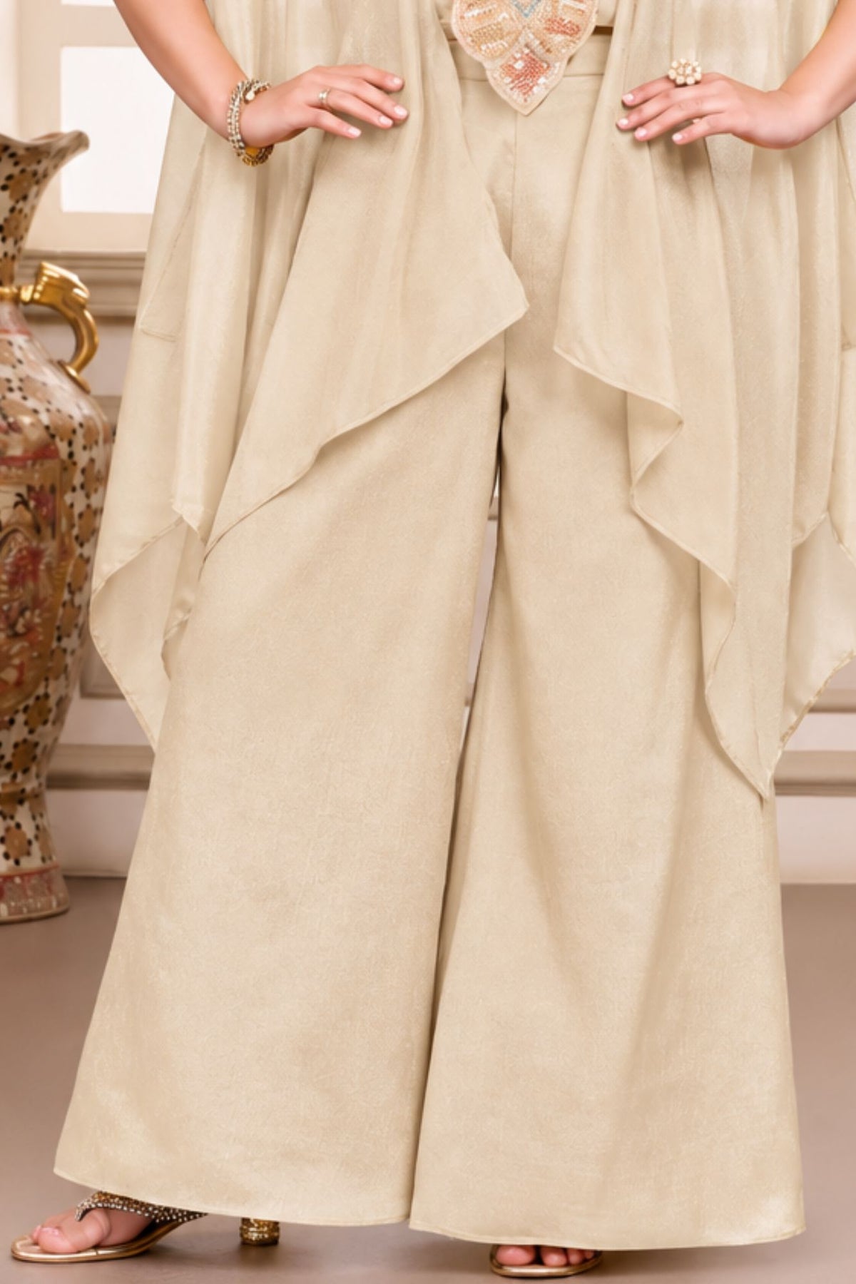 Ivory Multicolour Embroidered Cape Style Top With Wide-Leg Palazzo Set