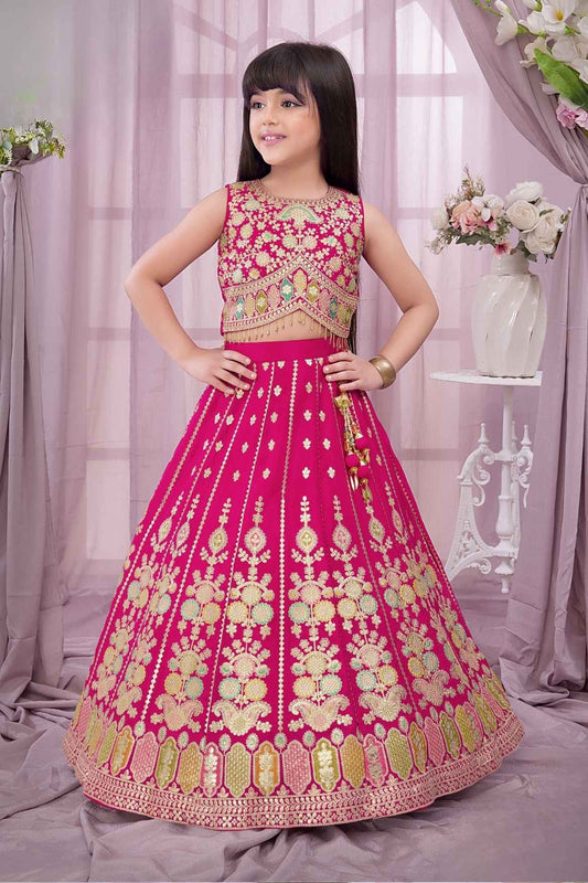 Luxe Rani Pink Zari Embroidered With Bead Work Lehenga Choli For Girls