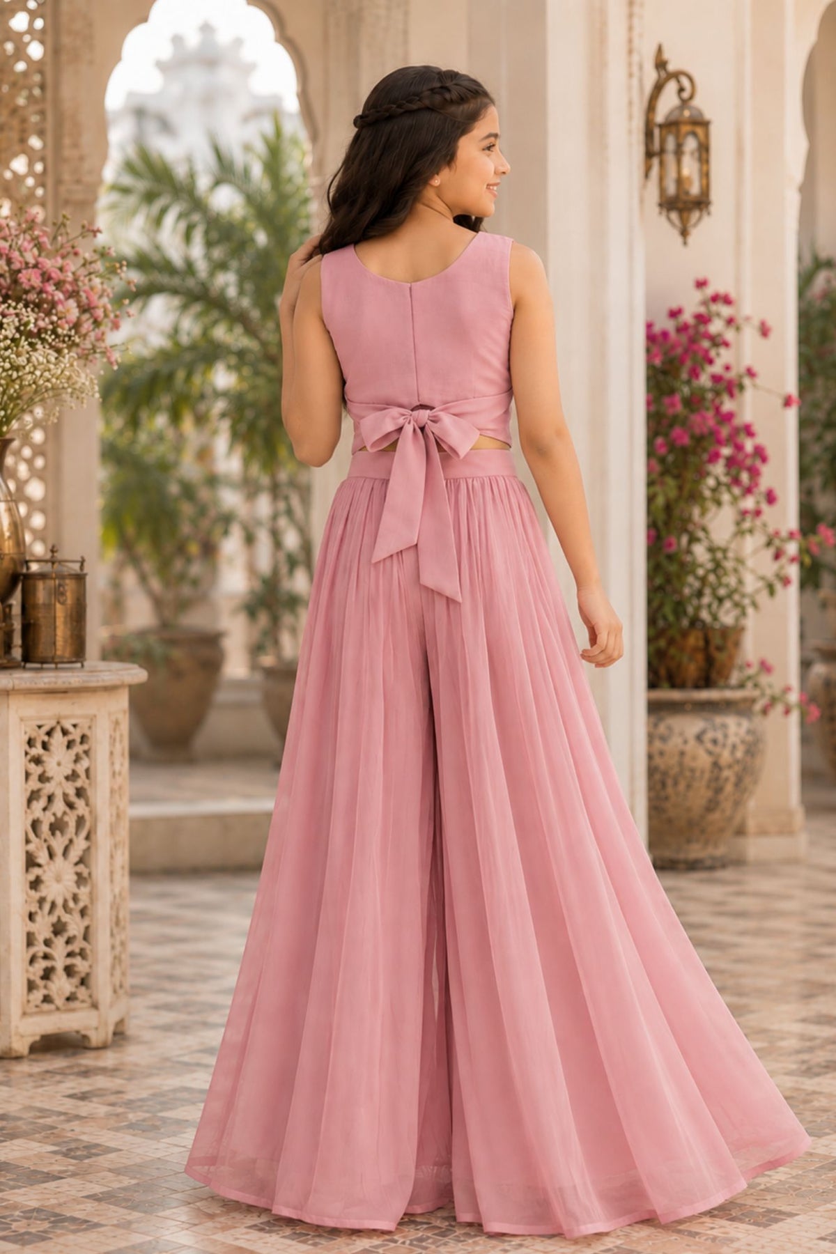 Girls Dusty Pink Embroidered Crop Top With Flared Palazzo Set