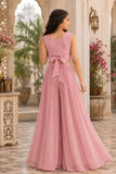 Girls Dusty Pink Embroidered Crop Top With Flared Palazzo Set