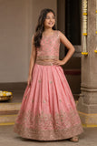 Girls Peach Embroidered Lehenga Choli Set with Dupatta
