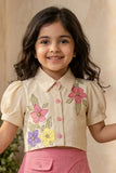 Girls Cream Floral Embroidered Top with Pink Skorts Set