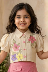 Girls Cream Floral Embroidered Top with Pink Skorts Set