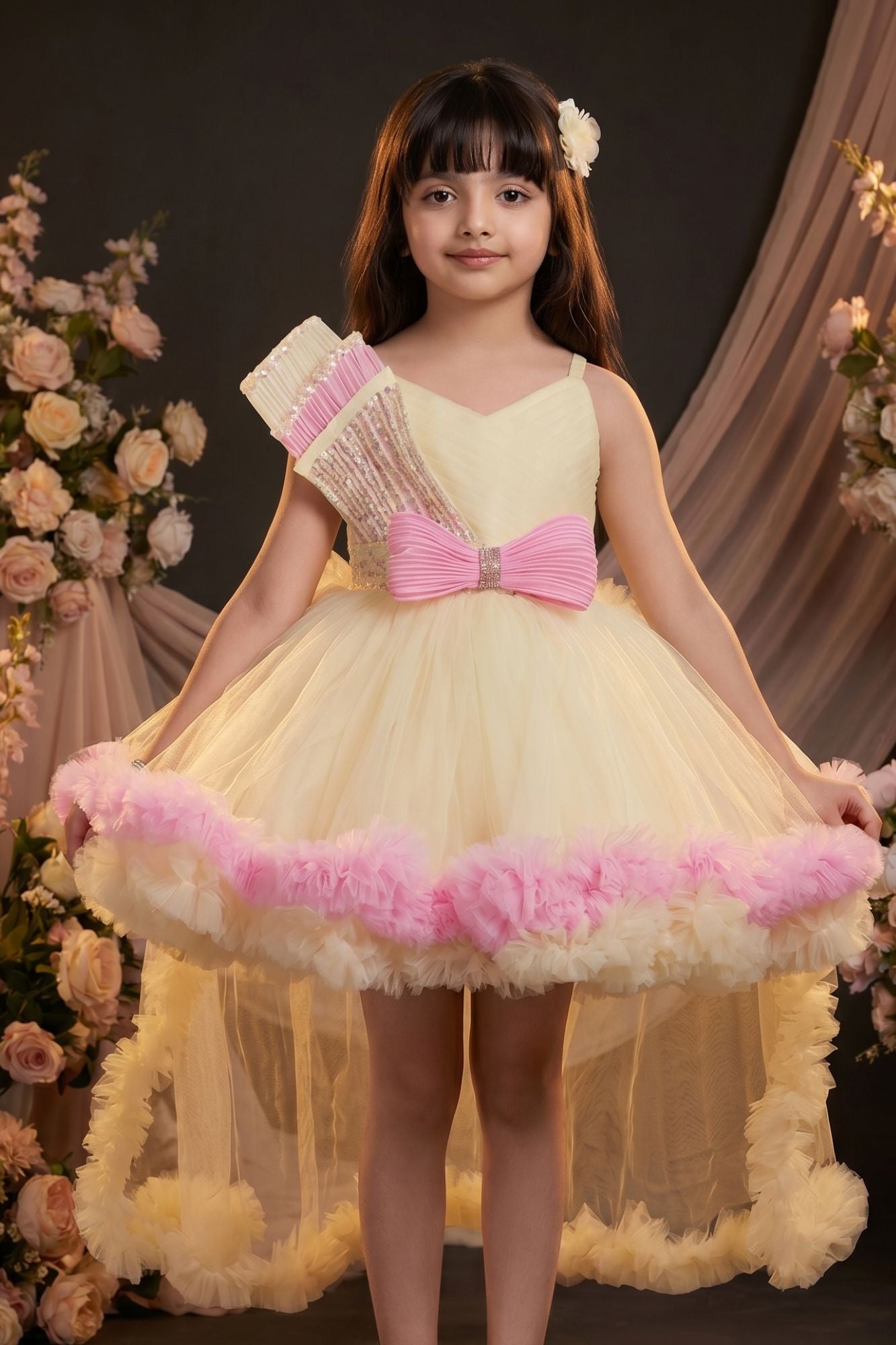 Girls Pastel Yellow and Pink High Low Party Dress with Sequin