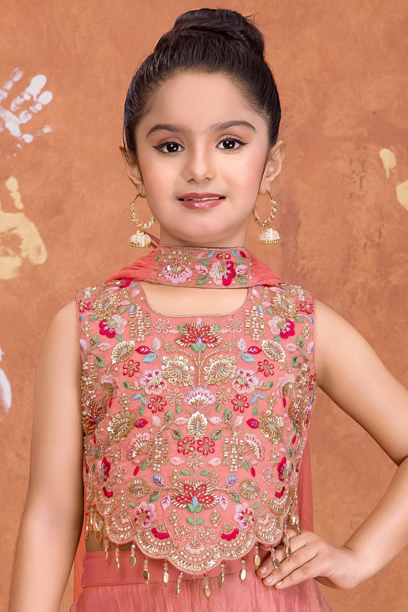 Girls Peach Embroidered Palazzo Set With Dupatta