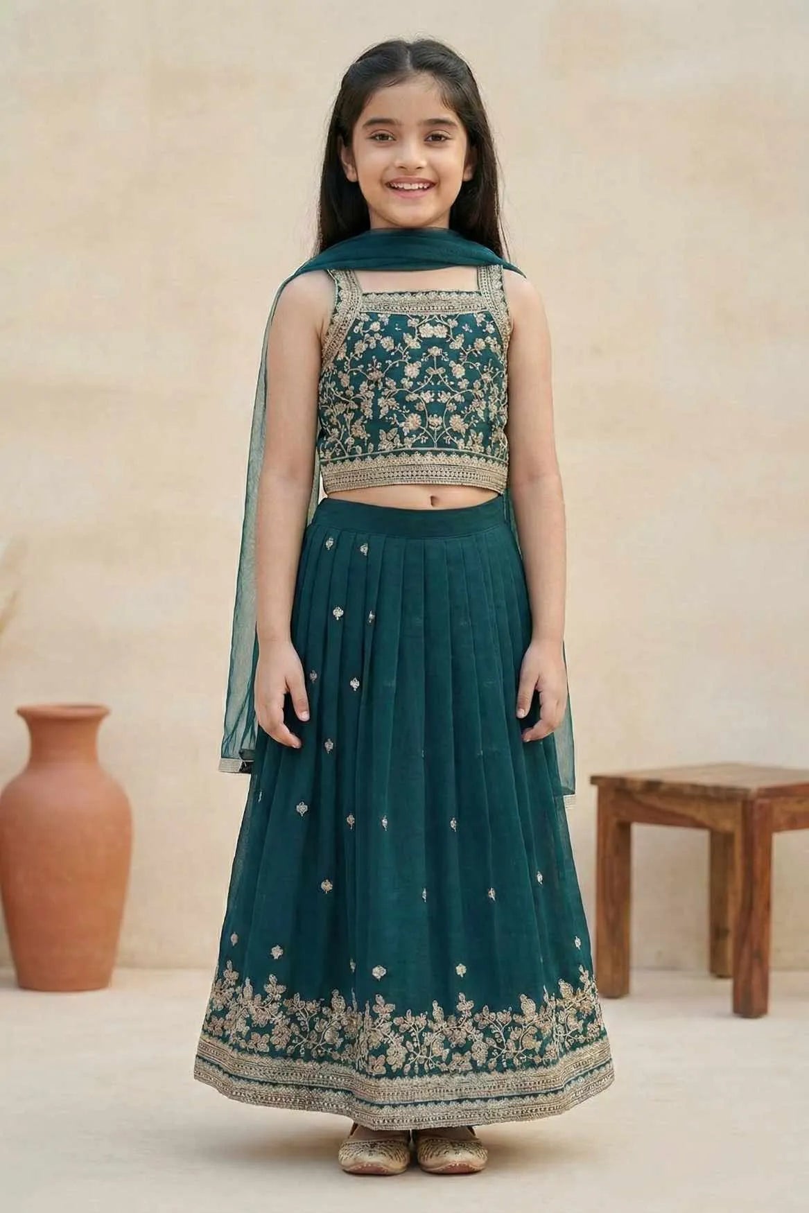 Bottle Green Embroidered Lehenga Choli with Dupatta For Girls