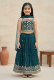 Bottle Green Embroidered Lehenga Choli with Dupatta For Girls