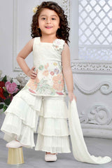 Cream Embroidered Top With Sharara Bottom Set For Girls