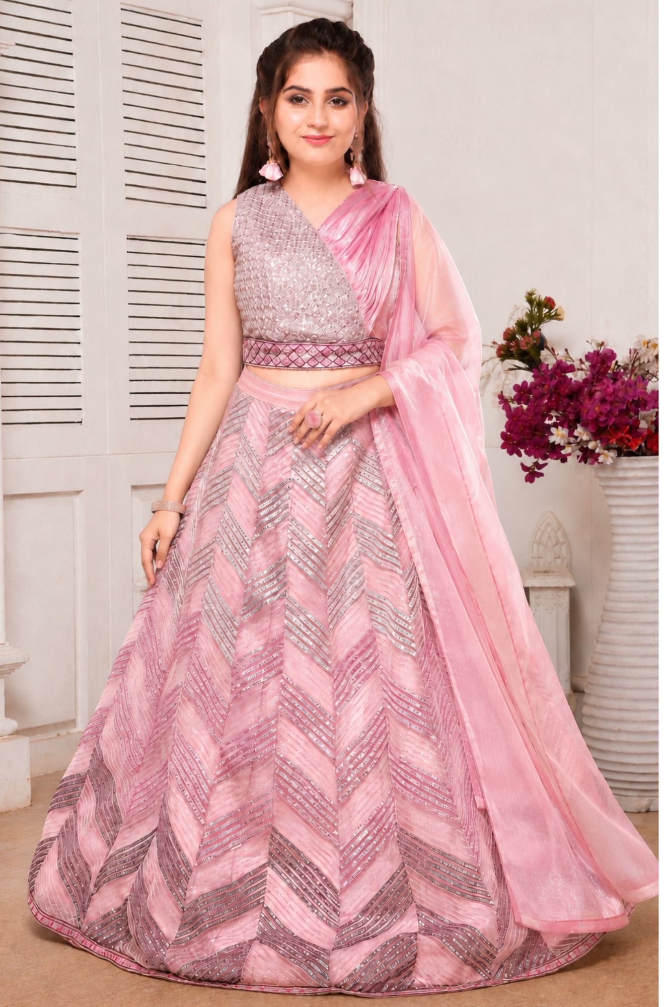 Blush Pink Chevron Lehenga Choli Set