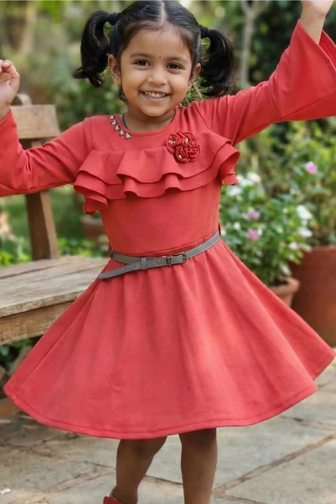 Coral Red Ruffle Frock with Belt For Girls