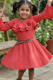 Coral Red Ruffle Frock with Belt For Girls