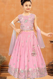 Pink Floral Embroidered Lehenga Choli with Dupatta For Girls