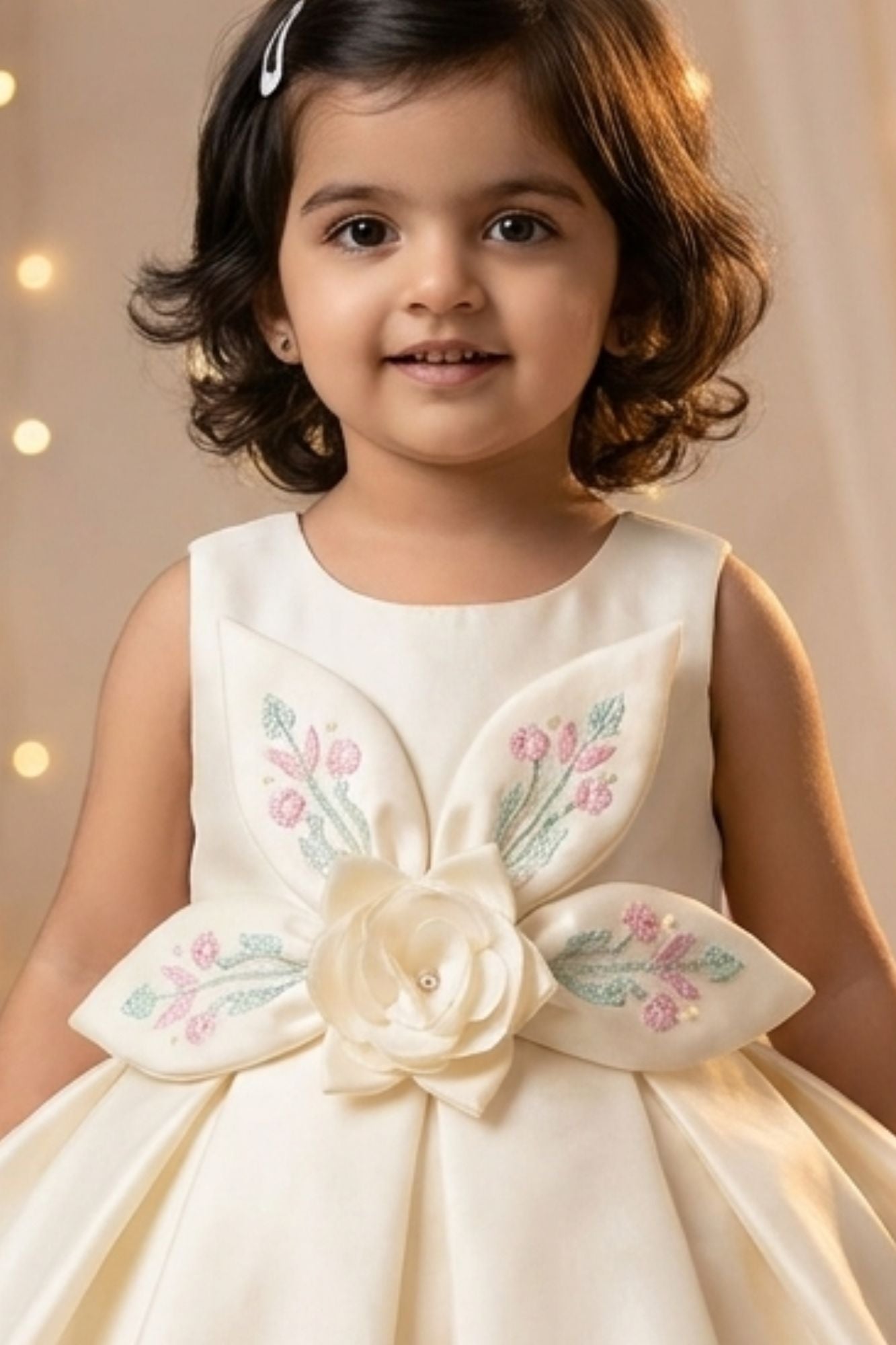 Cream 3D Floral Appliqué With Embroidery Party Wear Frock For Girls