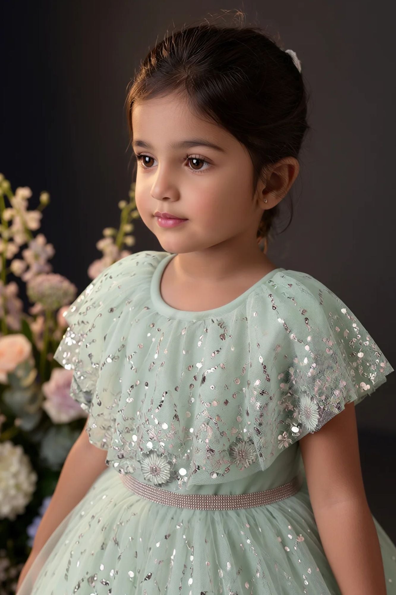 Girls Green Sequinned Net Party Wear Frock with Floral Embellishments