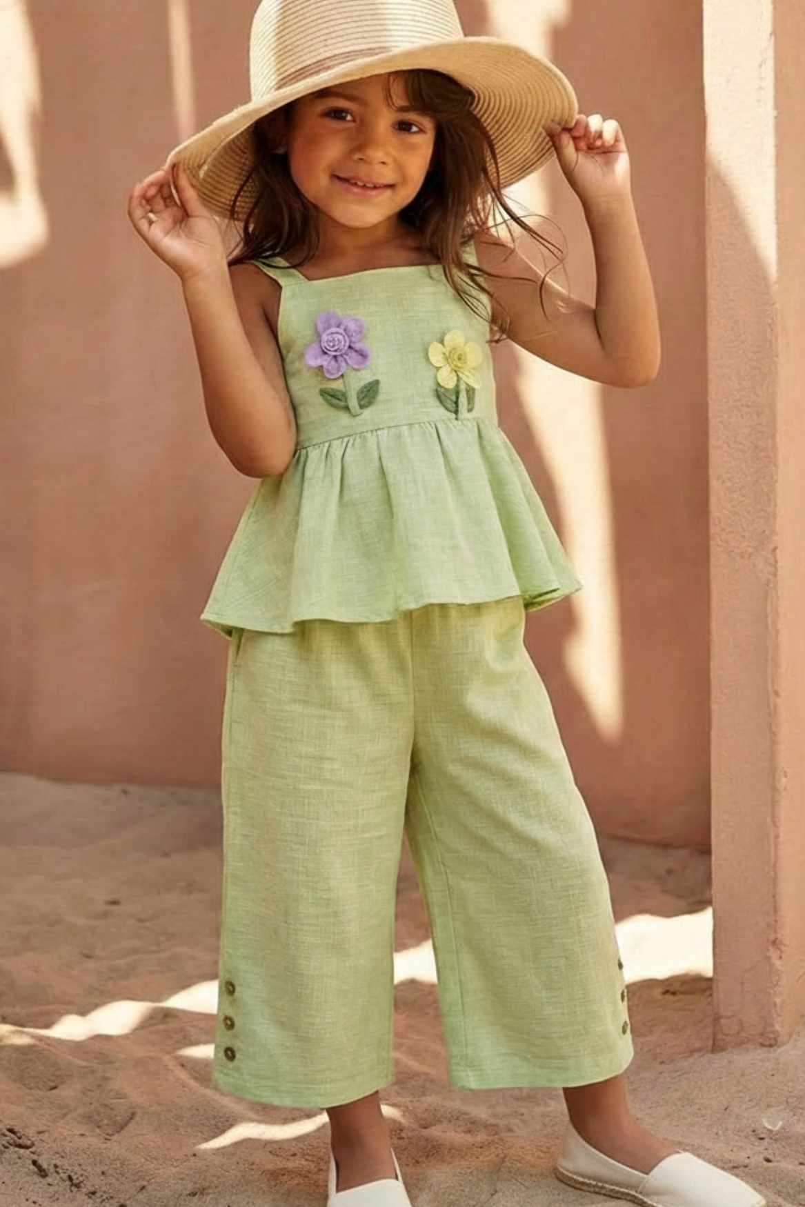Pistachio Green Floral Appliqué And Palazzo Set For Girls