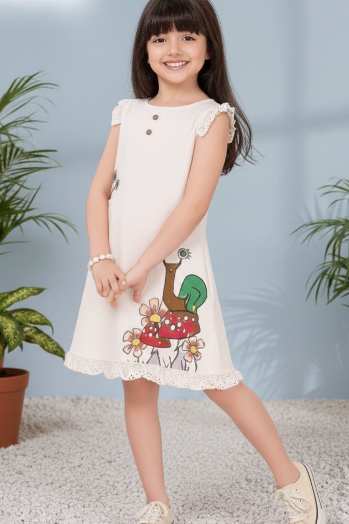 Cream Snail And Floral Print A-Line Dress For Girls