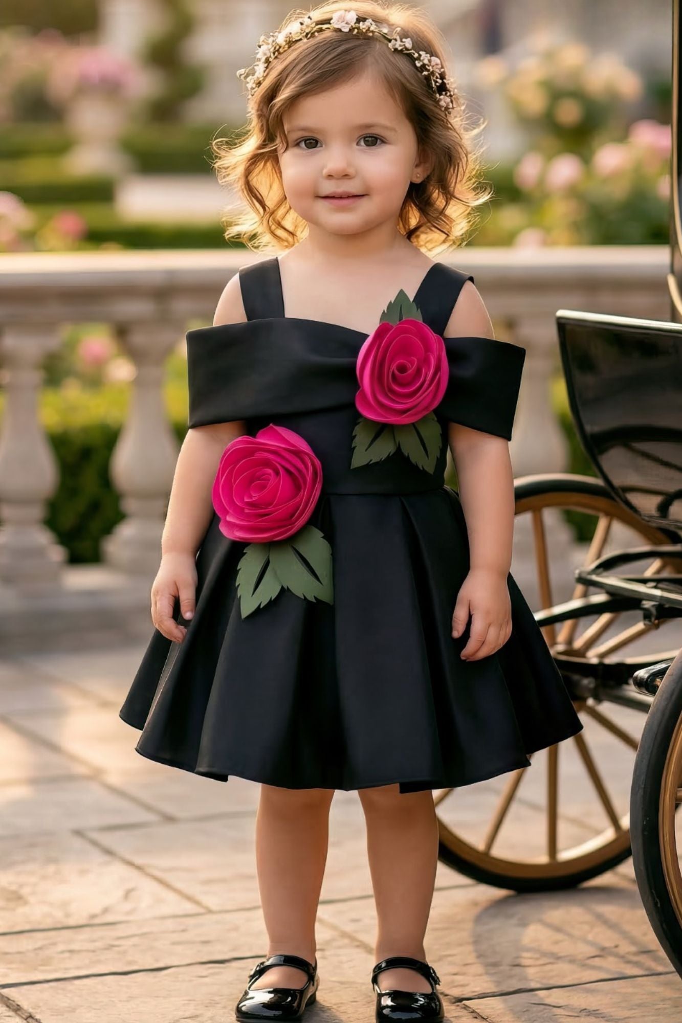 Girls Black Party Wear Dress with 3D Rose Applique – Lagorii Kids
