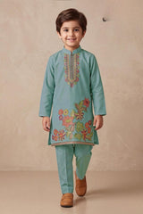 Boys Elegant Blue  Floral Embroidered Kurta Set