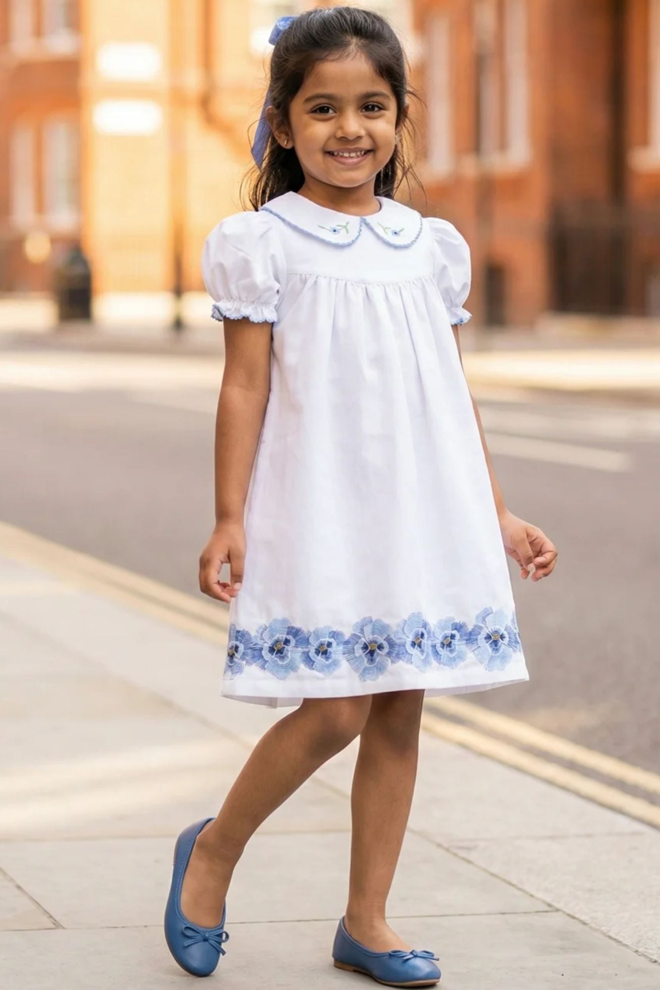 Girls White A-Line Dress with Blue Floral Embroidery Lagorii Kids Girls White A-Line Dress with Blue Floral Embroidery Lagorii Kids