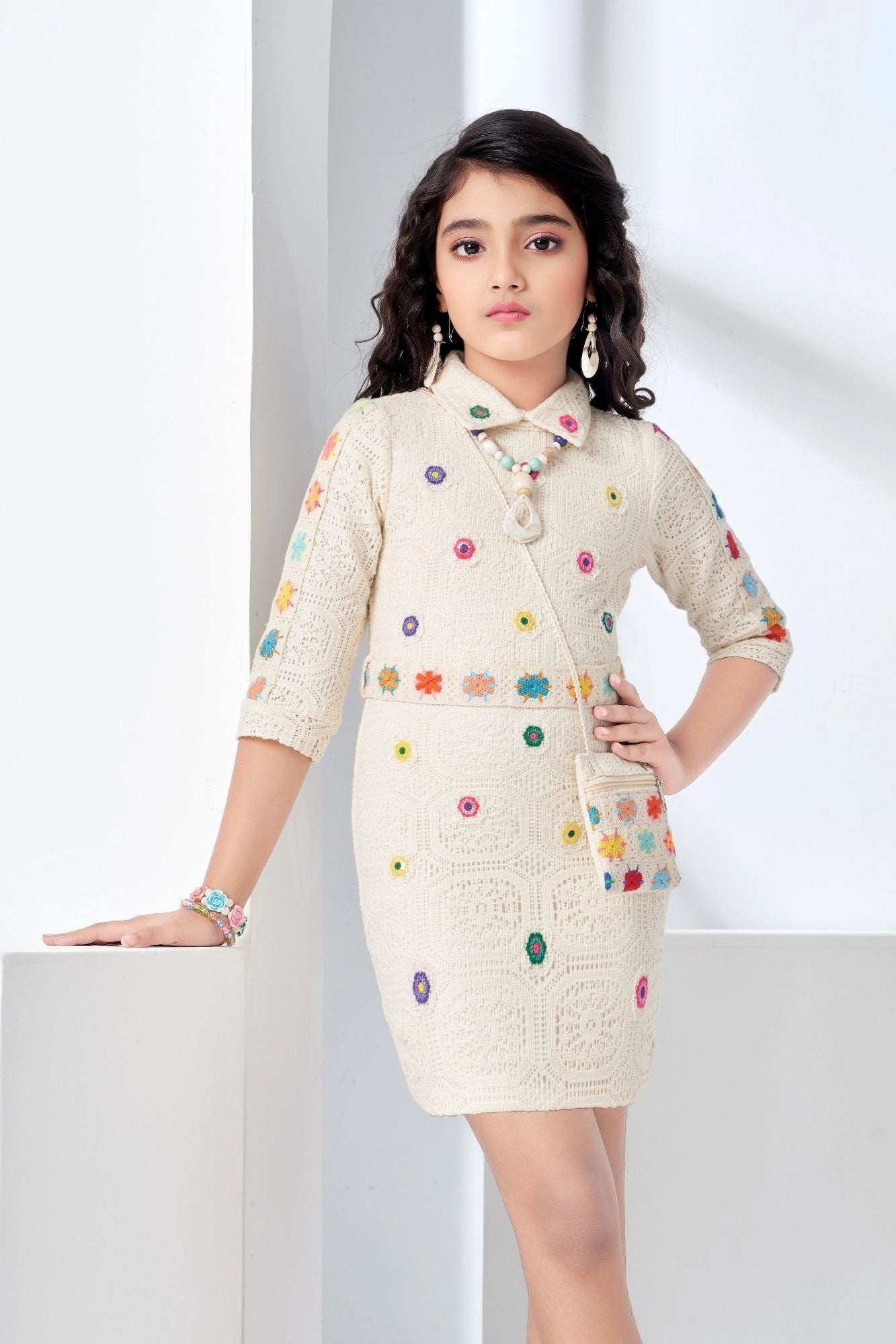 Cream Crochet Embroidered Dress with Matching Sling For Girls