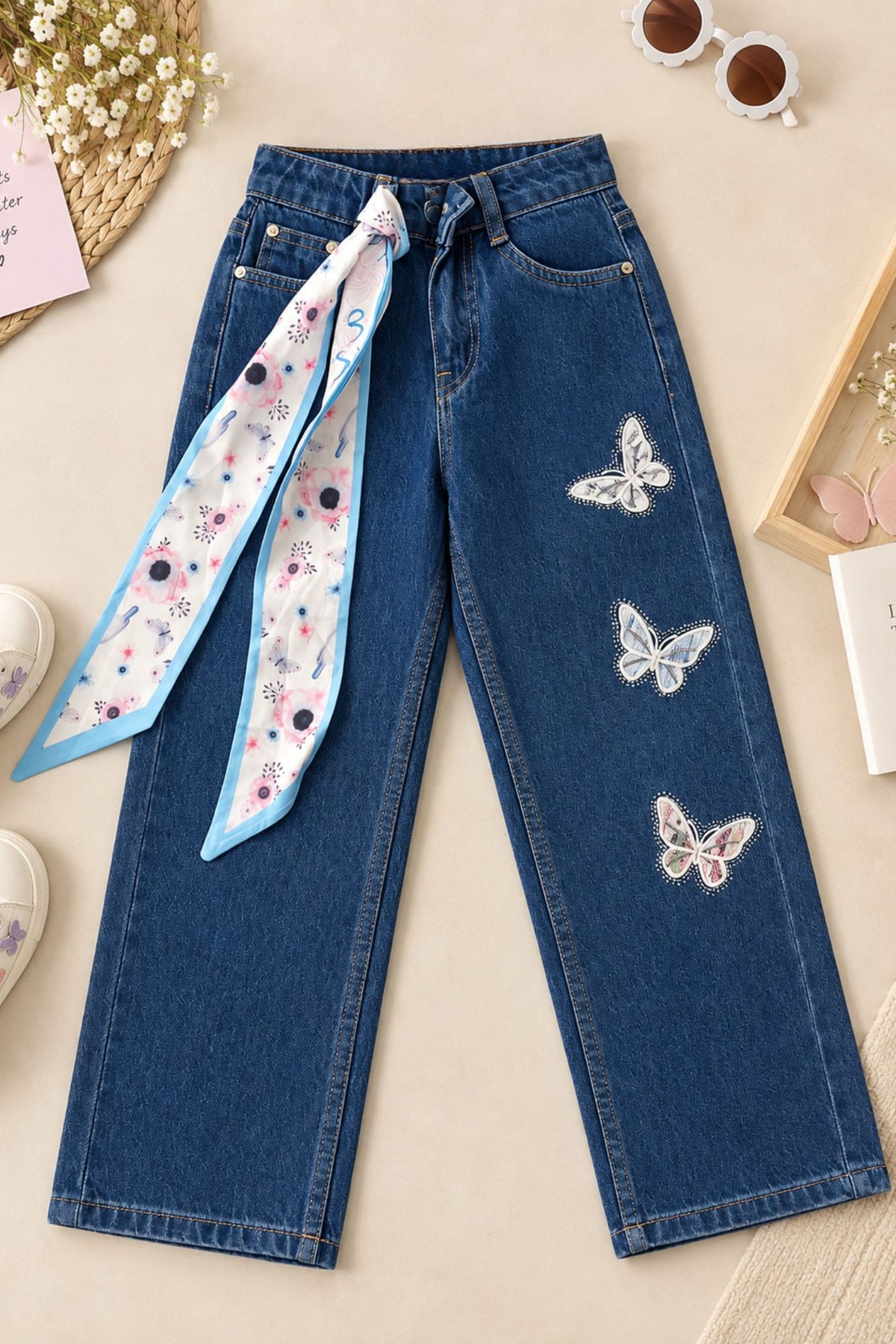 Blue Butterfly Embellished Straight Fit Denim Jeans with Floral Scar For Girls