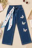 Blue Butterfly Embellished Straight Fit Denim Jeans with Floral Scar For Girls